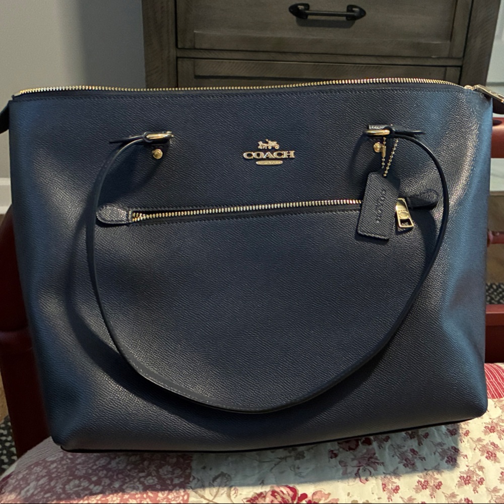 Coach Navy Leather Tote with Gold Accents